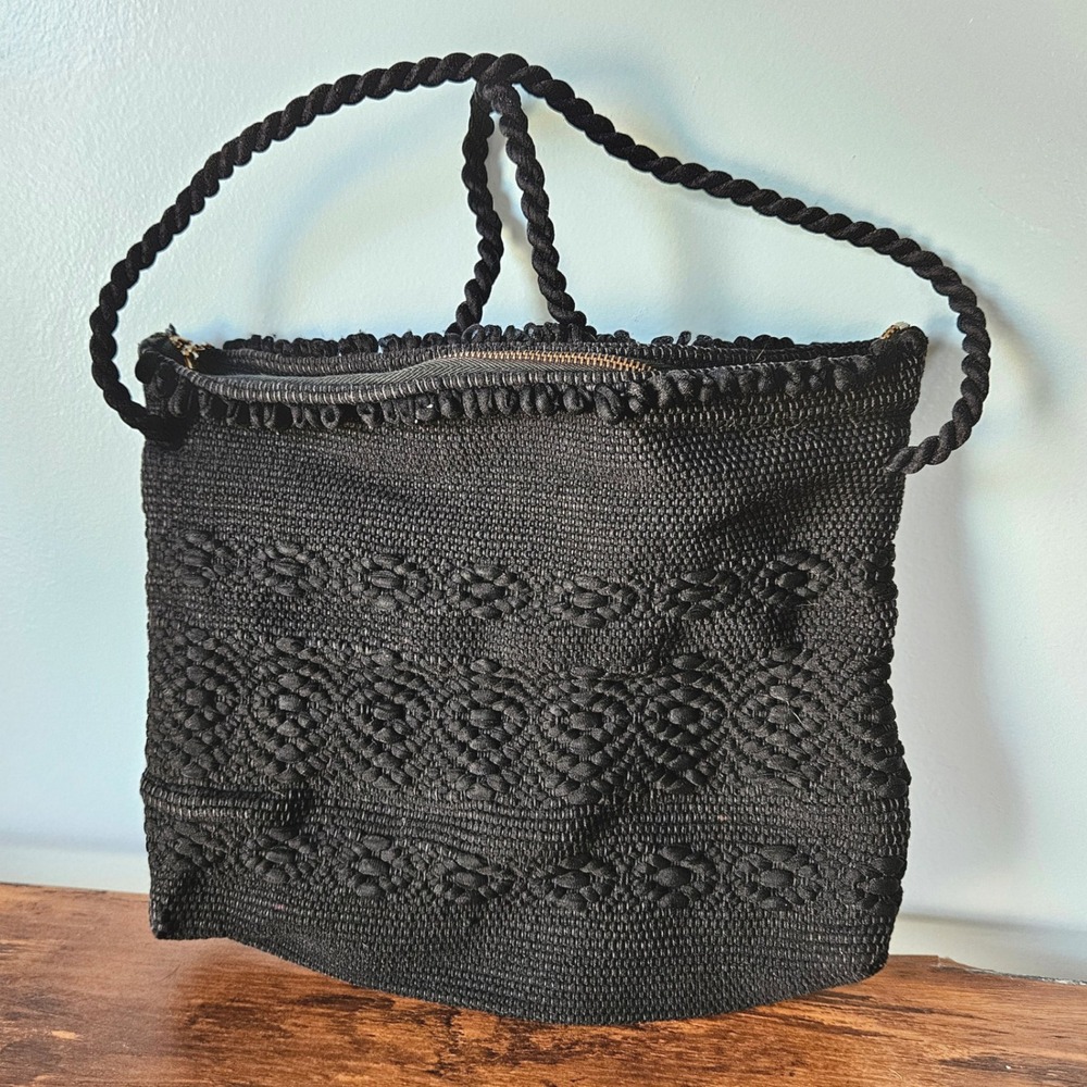 Vtg 40s Black Nylon Rope‎ Woven Bag Twisted Rope Handle Zipper Tassel Boho